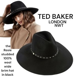Ted Baker London ROSIEYY 100% wool felt studded wide brim hat black gold women's